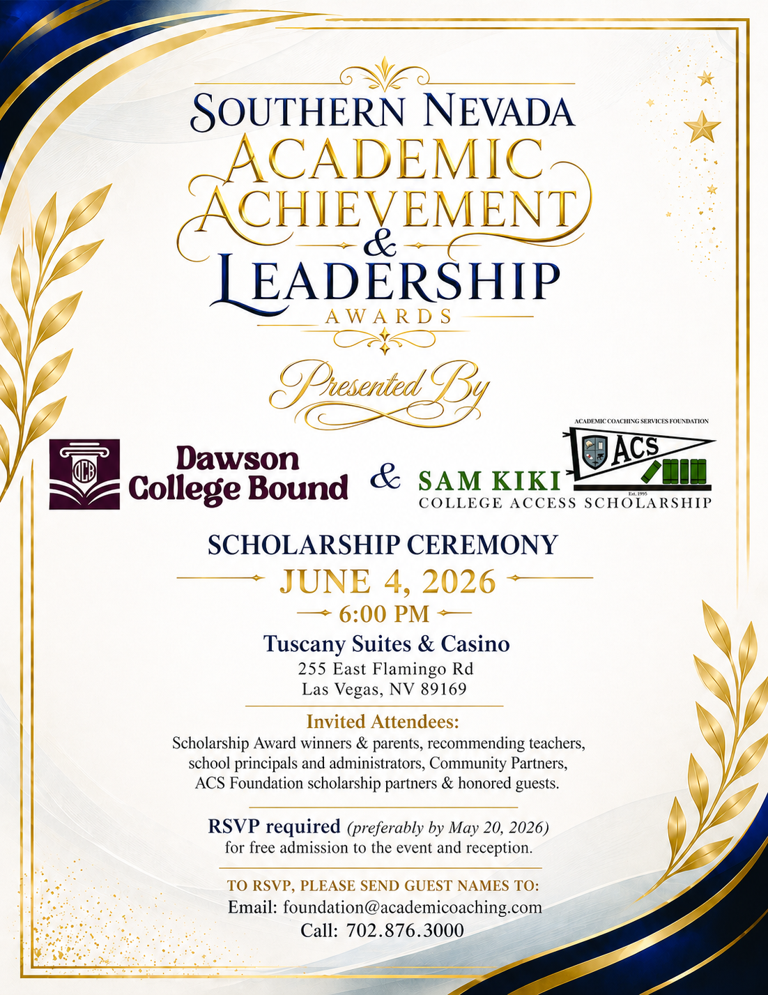 Invitation to the Southern Nevada Academic Achievement & Leadership Awards Scholarship Ceremony on June 4, 2026, at the Tuscany Suites & Casino in Las Vegas.